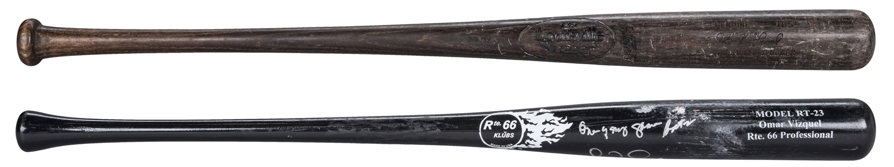 Lot of (2) Game Used Bats - 1983-86 Jeffrey Leonard T85 Model and 2005-06 Omar Vizquel RT-23 Model(Also Signed/Inscribed) (PSA/DNA) 